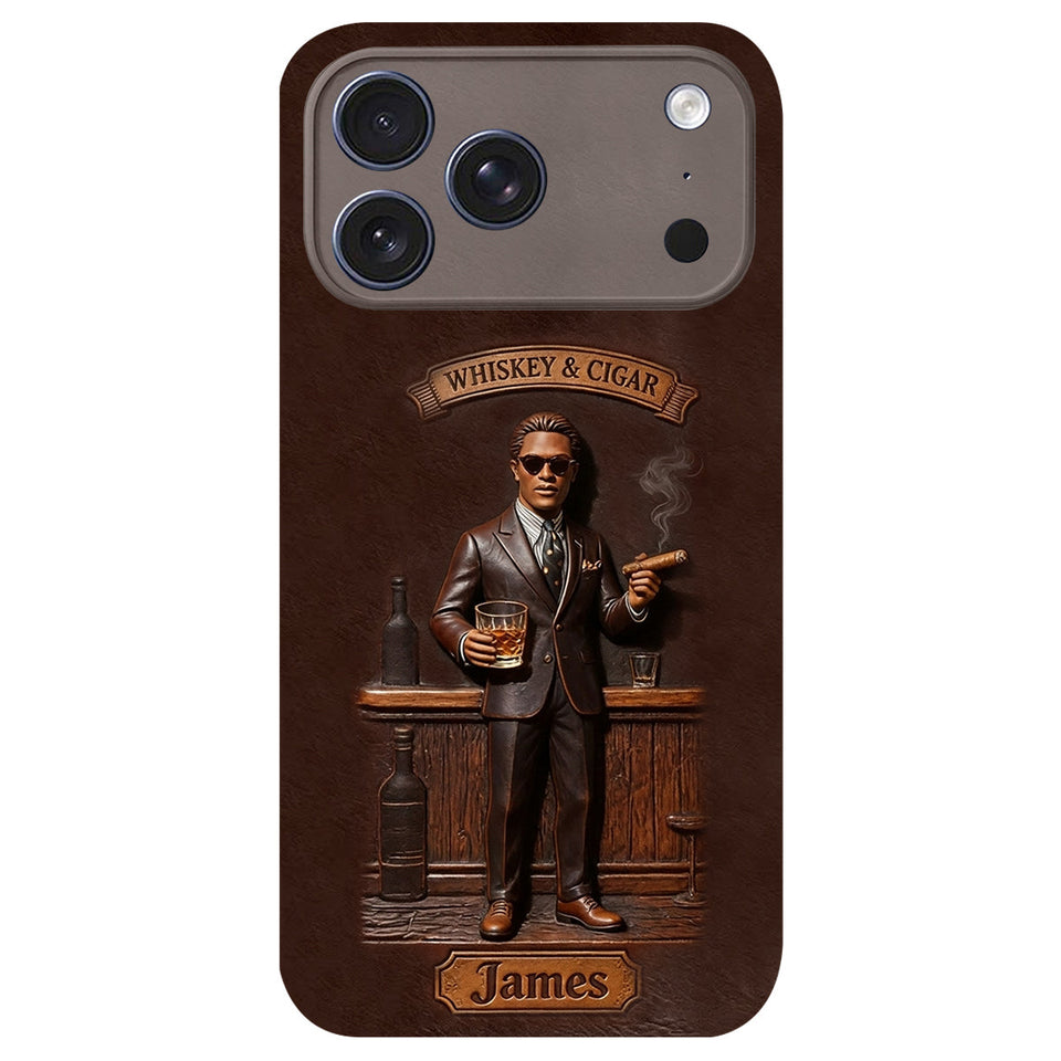 Whiskey And Cigar - Personalized Whisky 3D Embossed Leather Phone Case