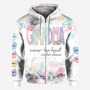 This Grandma Wears Her Heart On Her Sleeve - Personalized Grandma All Over T-shirt And Hoodie