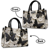 Elegant Black And White Butterflies And Flowers - Personalized Butterfly Leather Handbag