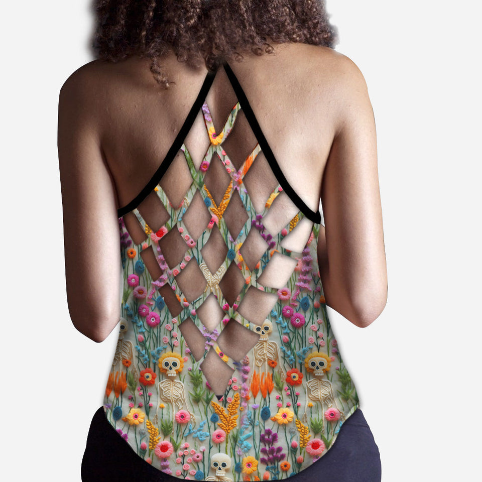 Floral Skeleton - Personalized Skull Cross Tank Top