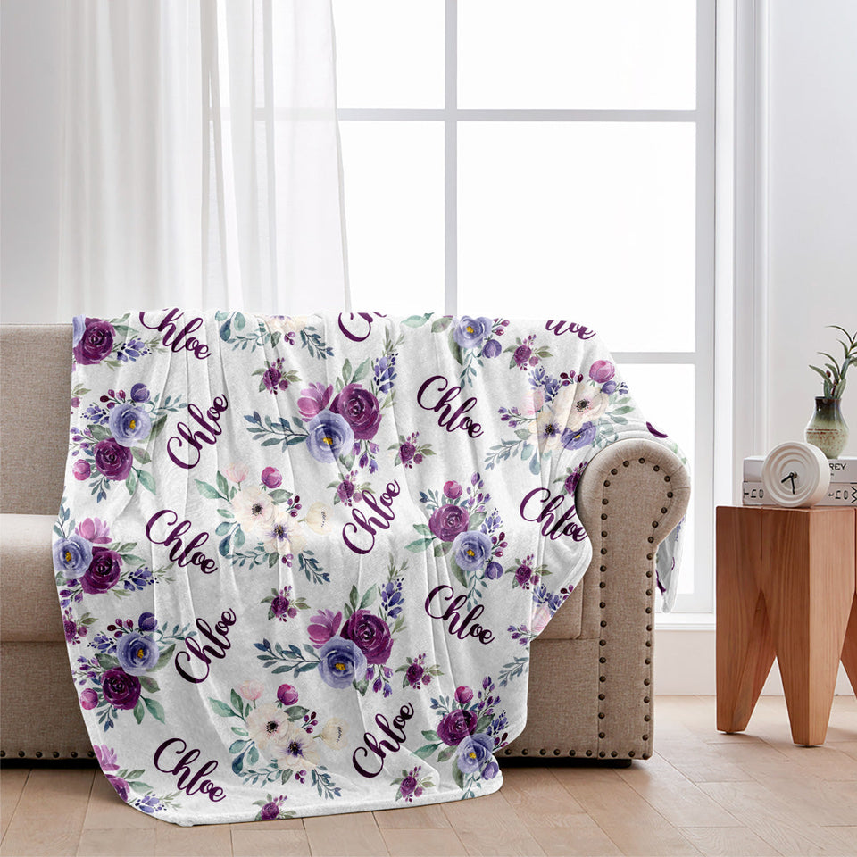 Custom Dog Name Purple Flowers - Personalized Dog Blanket