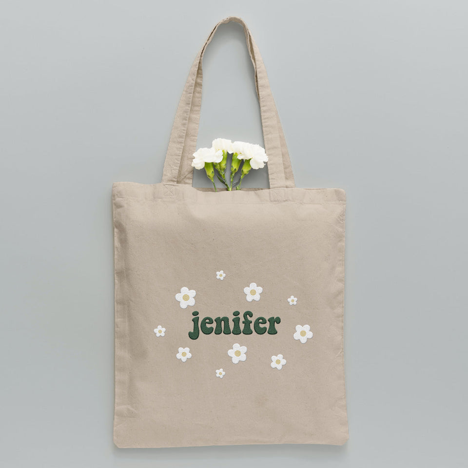 Custom Name With Flower - Personalized Couple Embroidered Tote Bag