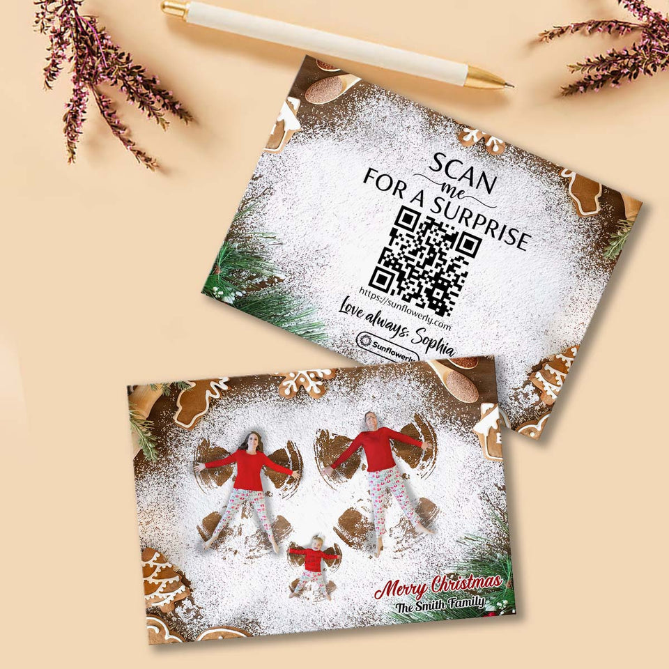 Merry Christmas Snow Angel Gingerbread - Personalized QR Greeting Card