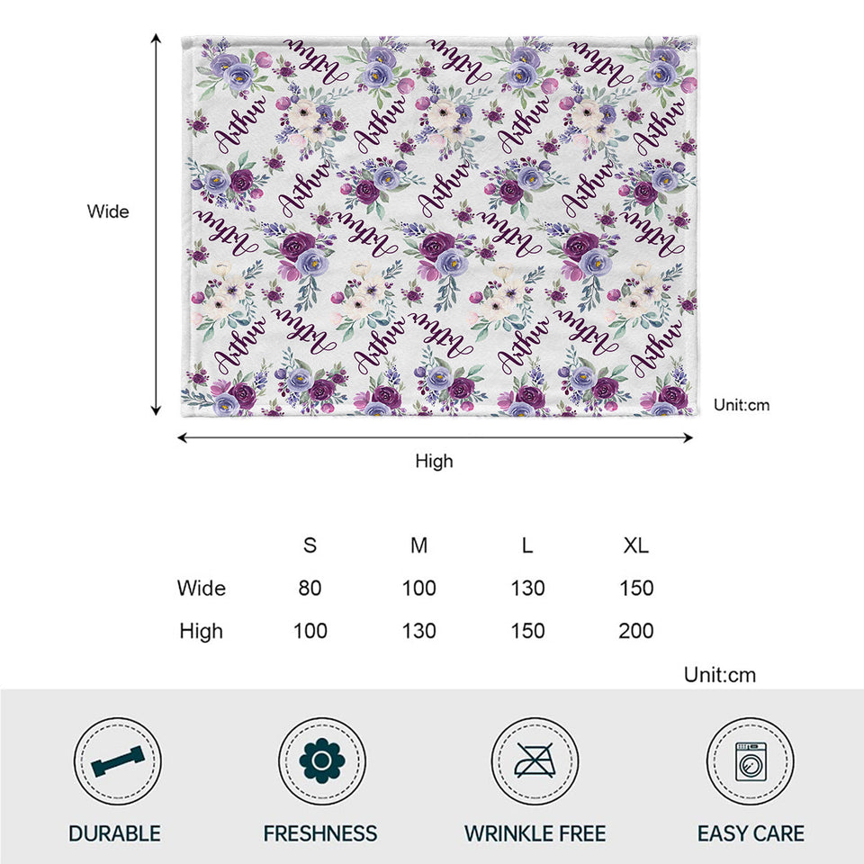Custom Name Purple Flowers - Personalized Kid Blanket