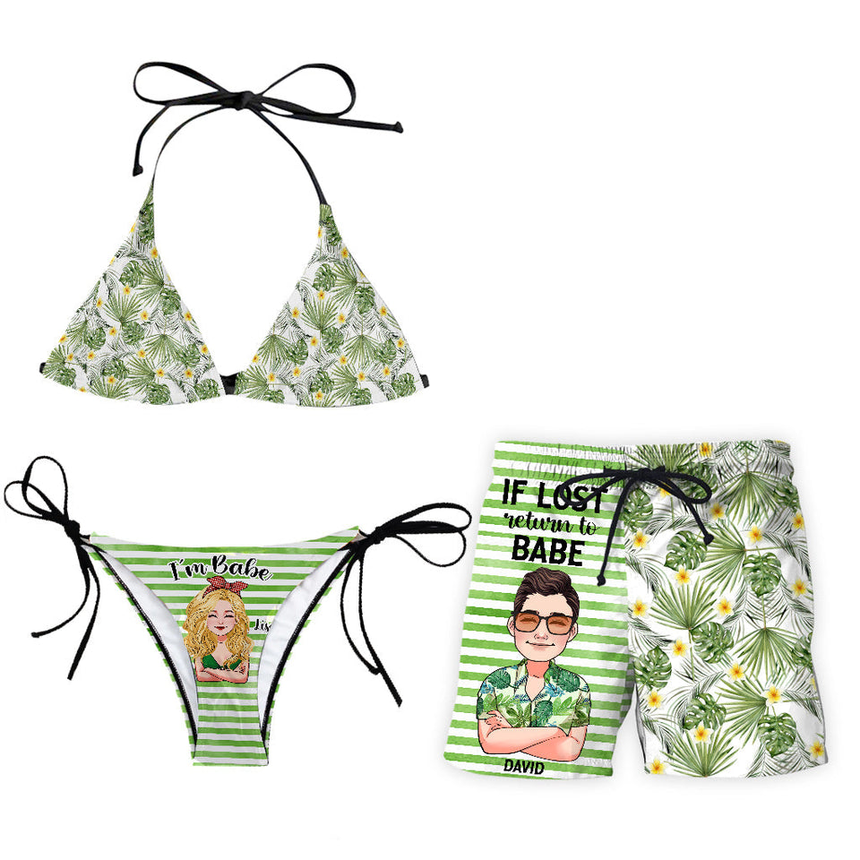 If Lost Return To Babe - Personalized Sea Lover Triangle Bikini Swimsuit And Men Shorts