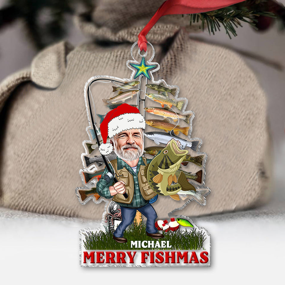 Merry Fishmas - Fishing gift for dad, grandpa, him, husband - Personalized Transparent Ornament