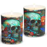 Floral Skull - Personalized Skull Candle With Wooden Lid
