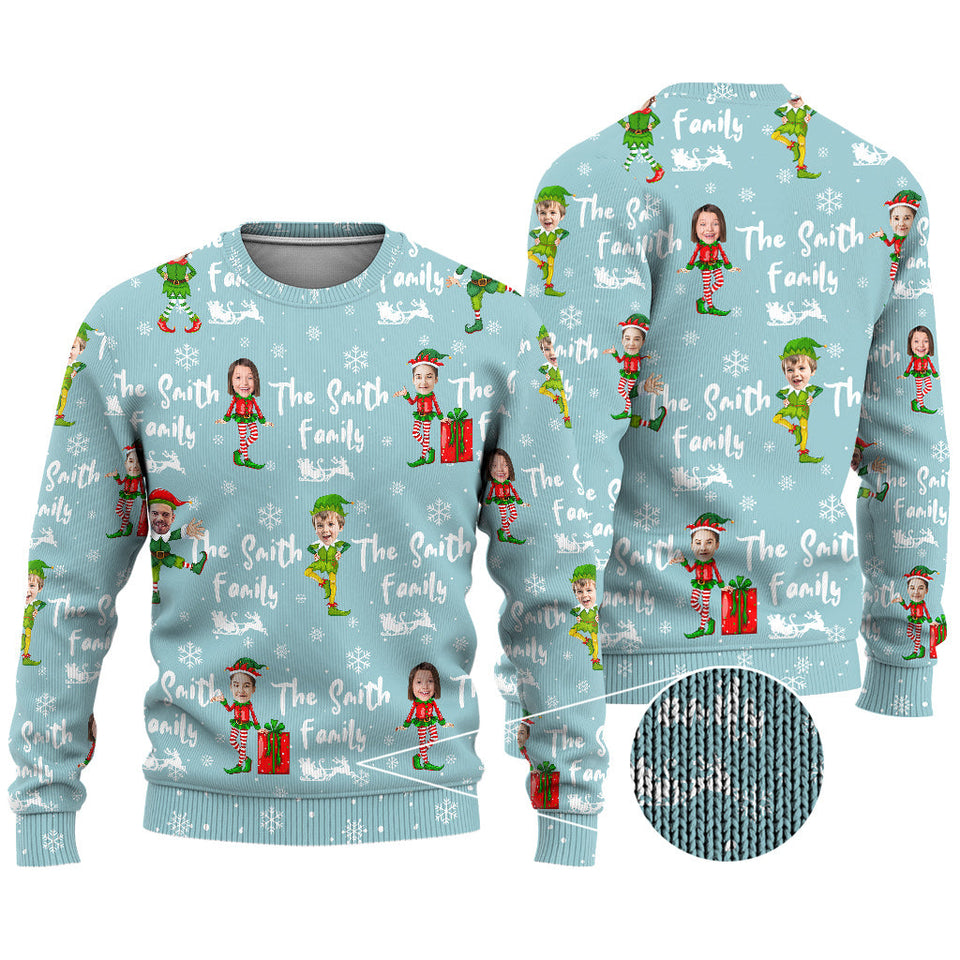 Christmas Elves Blue Ugly Sweater - Personalized Family Ugly Sweater
