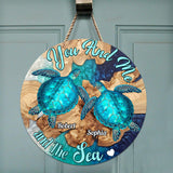 You And Me And The Sea - Personalized Turtle Round Wood Sign