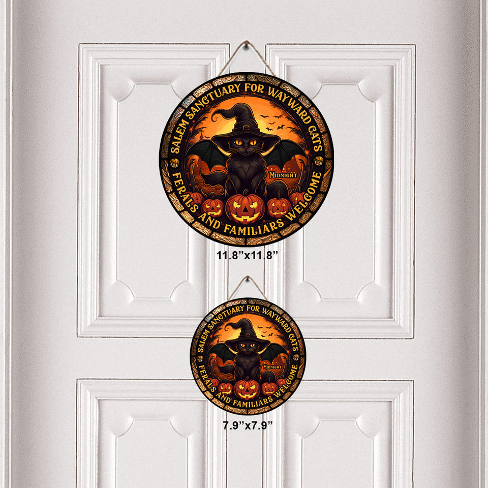 Salem Sanctuary for Wayward Cats - Personalized Black Cat Round Wood Sign