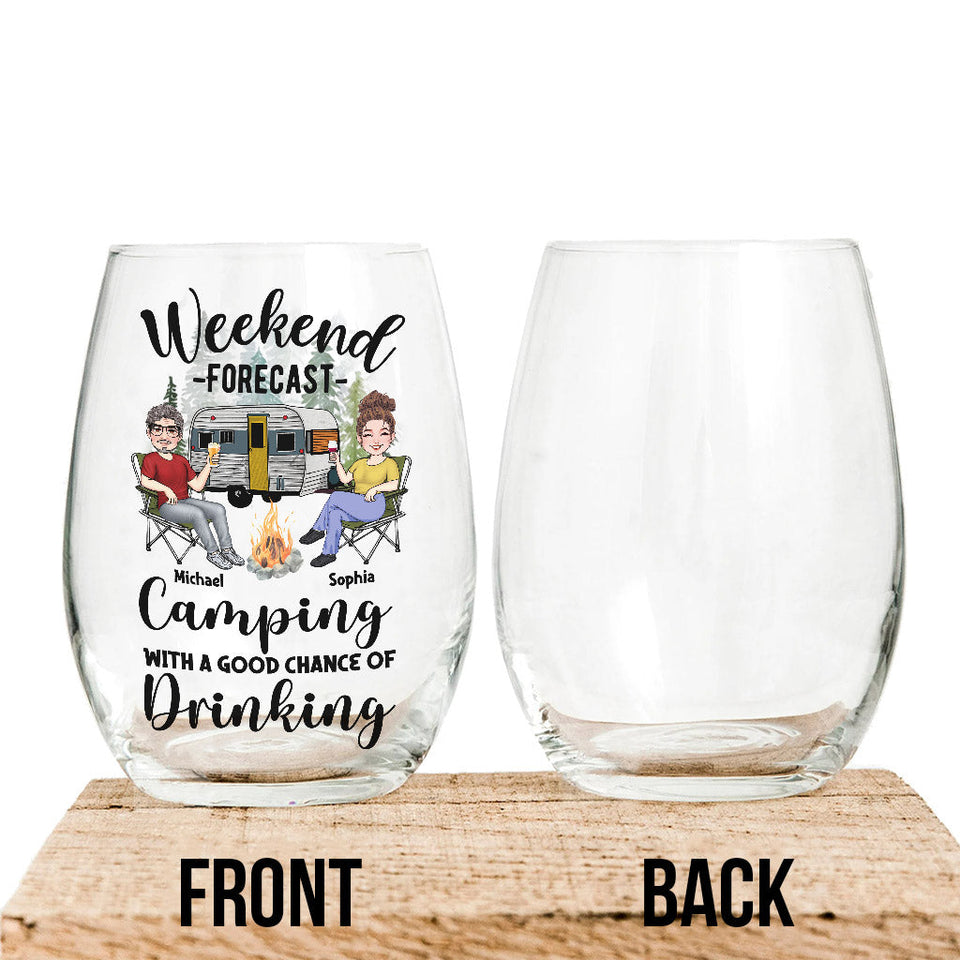 Weekend Forecast - Personalized Camping All Over Wine Glass