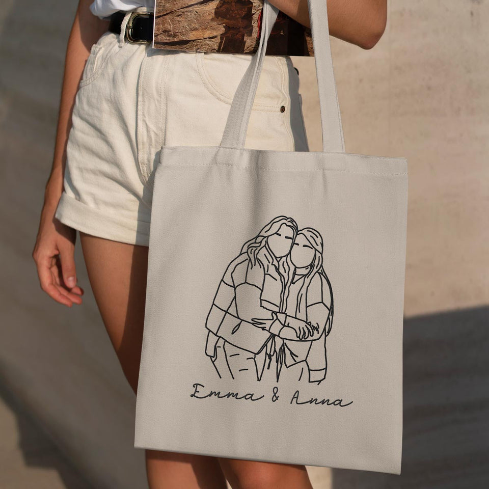 Custom Photo Line Art - Personalized Bestie Embroidered Tote Bag