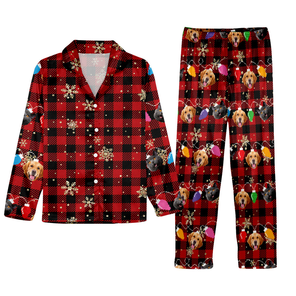 Lovely Dog Cat Pet Face Christmas Light String - Gift for dog lovers, cat lover - Personalized Button Down Pajamas