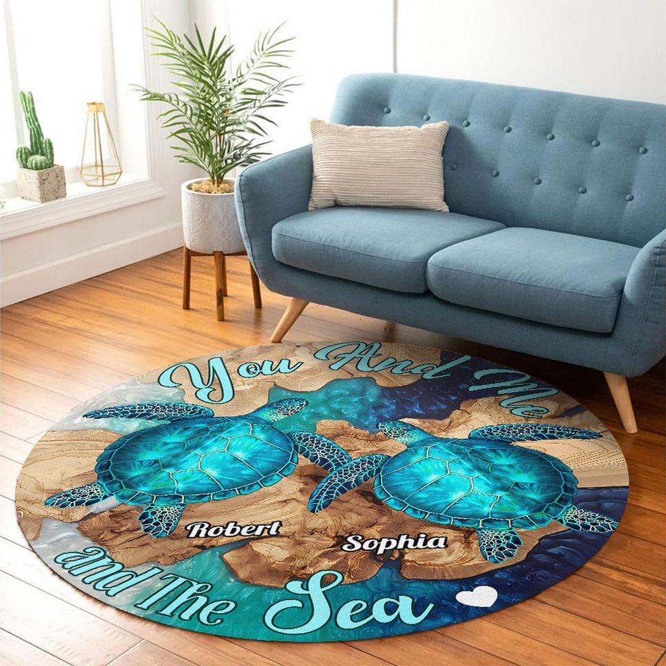 You And Me And The Sea - Personalized Turtle Round Rug