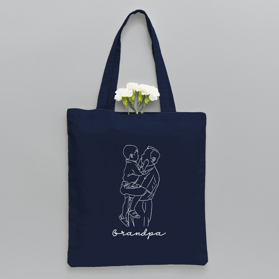 Custom Photo Line Art - Personalized Grandpa Embroidered Tote Bag