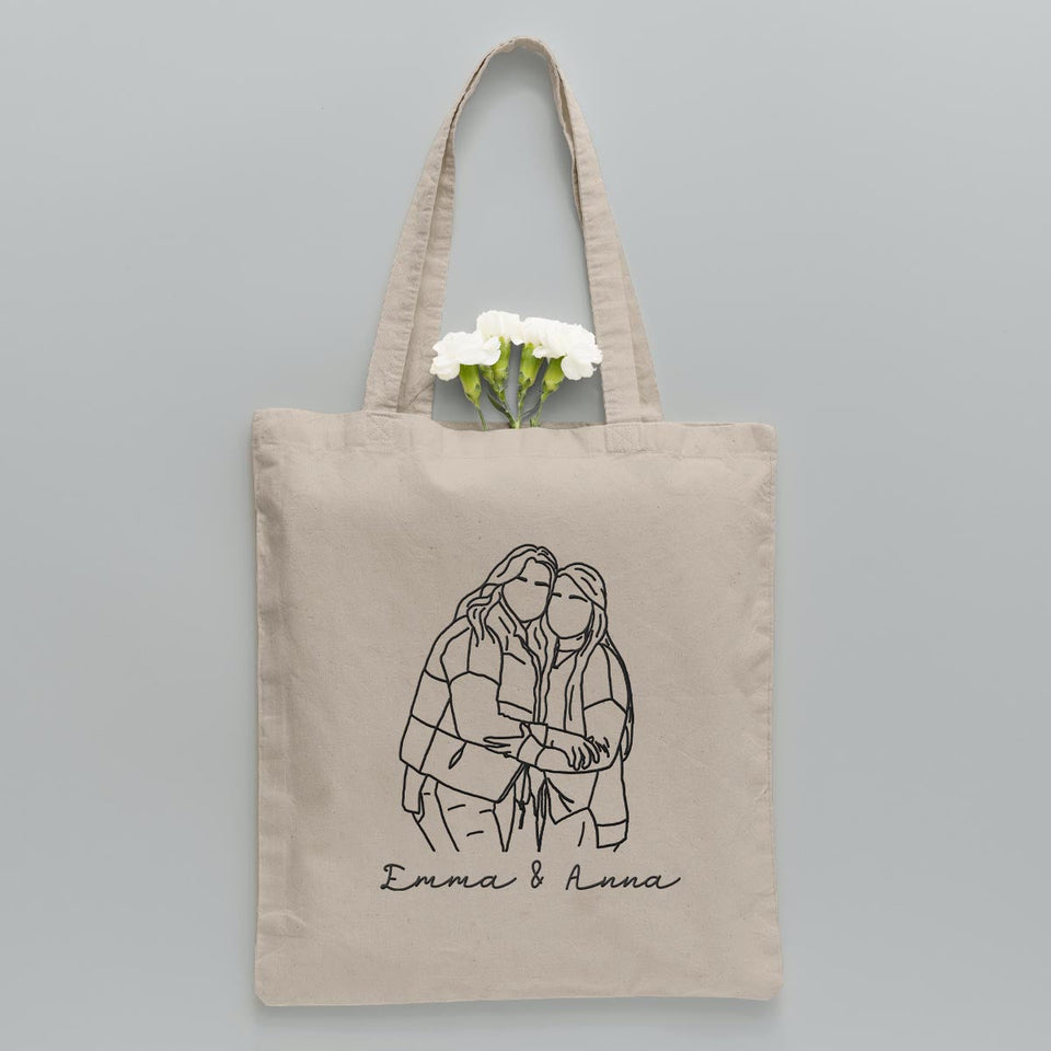 Custom Photo Line Art - Personalized Bestie Embroidered Tote Bag
