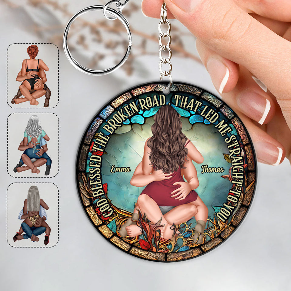 God Blessed The Broken Road That Led Me Straight To You - Personalized Couple Keychain
