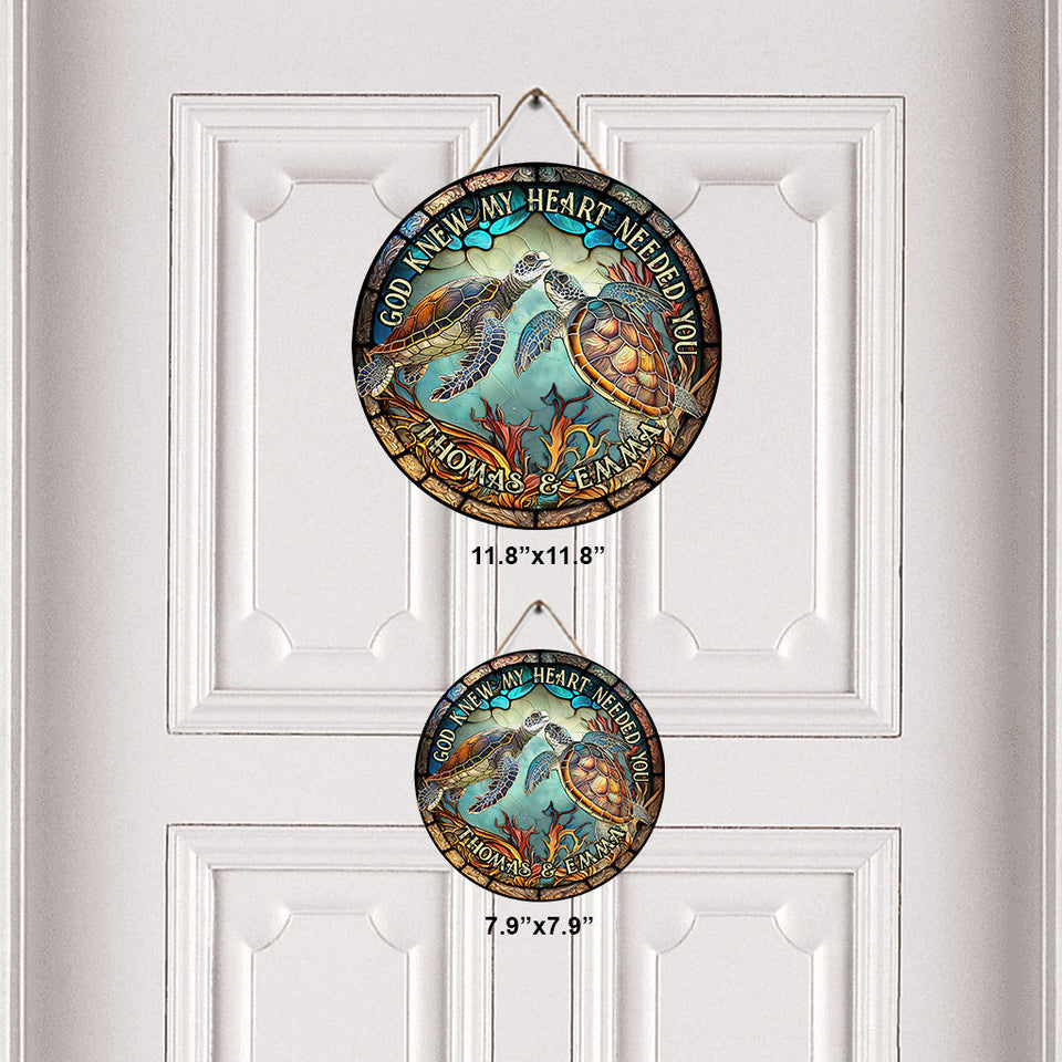 Stained Glass Turtle Couple - Turtle gift for husband, wife, boyfriend, girlfriend - Personalized Round Wood Sign