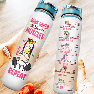 Drink Water Install Muscles Repeat - Personalized Fitness Water Tracker Bottle