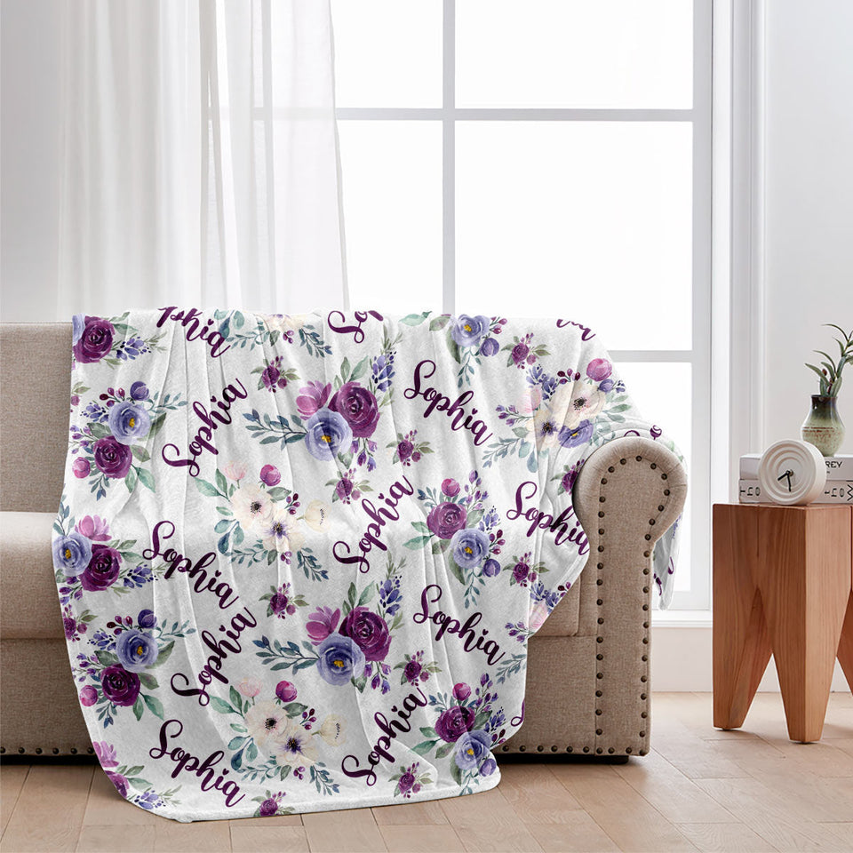 Custom Name Purple Flowers - Personalized Aunt Blanket