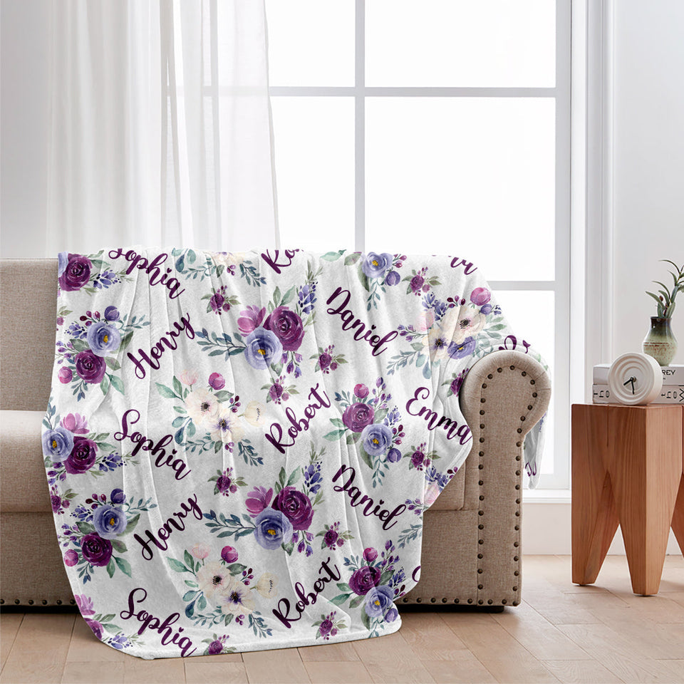 Custom Name Purple Flowers - Personalized Family Blanket