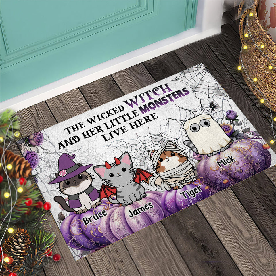 A Wicked Witch And Little Monsters - Personalized Cat Doormat