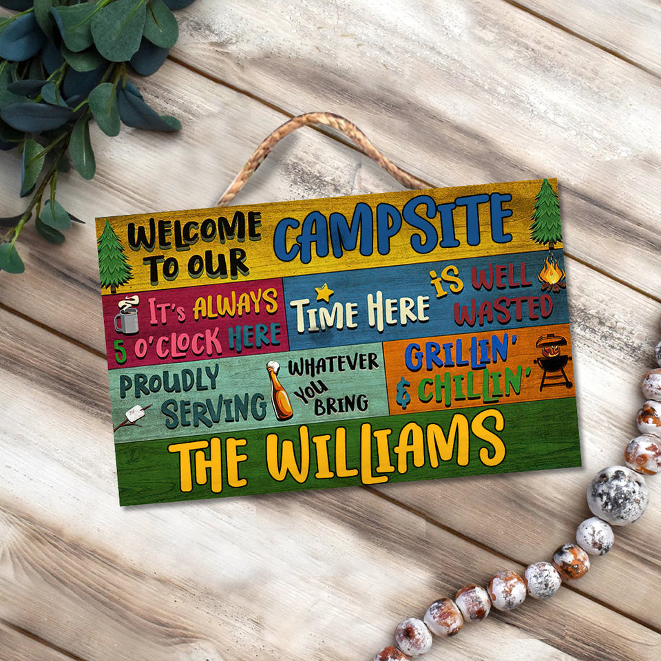 Welcome To Our Campsite - Personalized Camping Rectangle Wood Sign