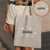 Custom Name With Flower - Personalized Couple Embroidered Tote Bag