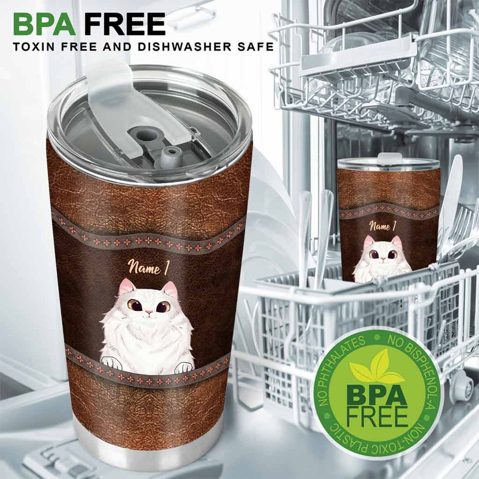 Love Cats - Personalized Cat Tumbler With Leather Pattern Print