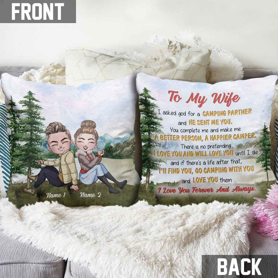 I Asked God For A Camping Partner - Personalized Couple Camping Throw Pillow