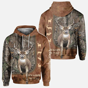 He Keeps Me Safe - Personalized Couple Hunting All Over T-shirt and Hoodie With Leather Pattern Print