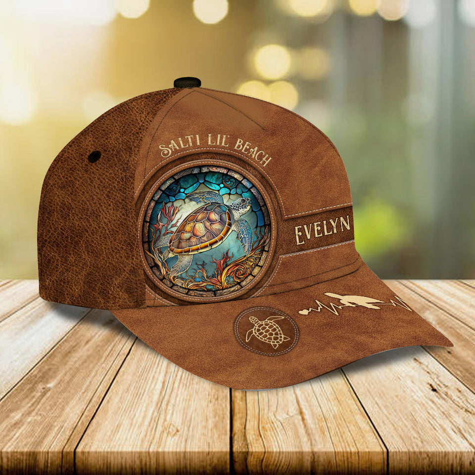 Salty Lil' Beach Sea Turtle Stained Glass - Personalized Turtle Classic Cap