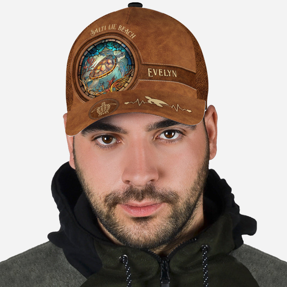 Salty Lil' Beach Sea Turtle Stained Glass - Personalized Turtle Classic Cap