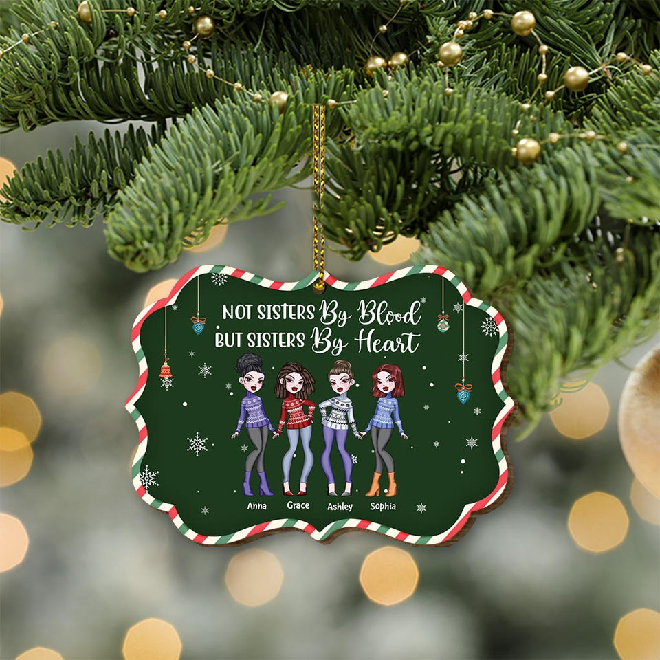 Not Sister By Blood But Sister By Heart - Personalized Christmas Bestie Wooden Card Pop Out Ornament