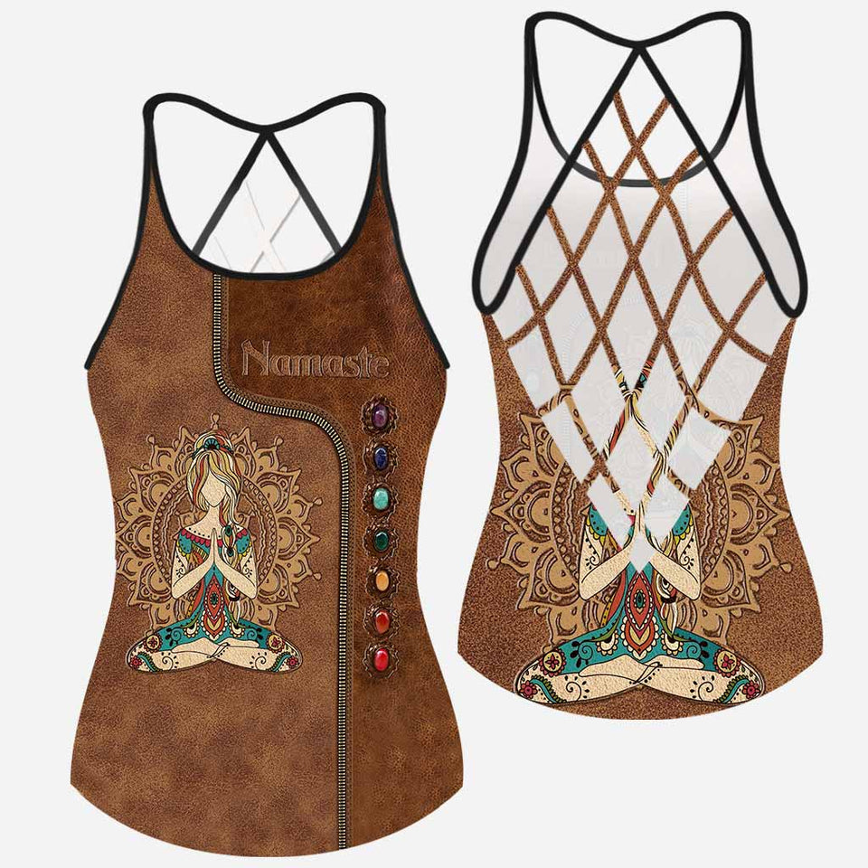 Namaste Leather Pattern Print Cross Tank Top