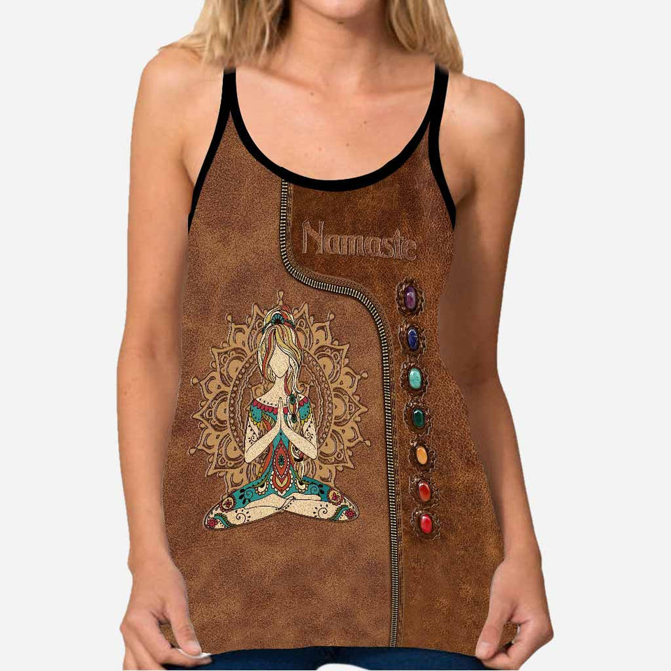 Namaste Leather Pattern Print Cross Tank Top