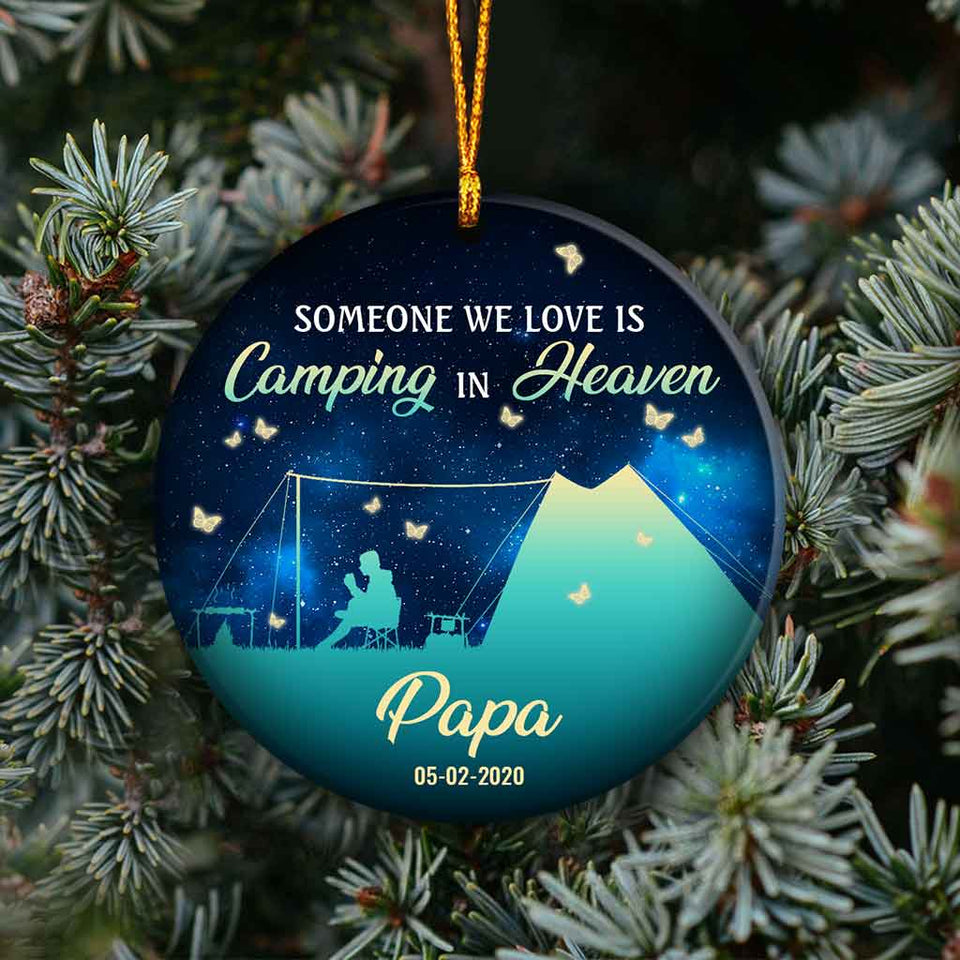Someone We Love Is Camping In Heaven - Personalized Christmas Ornament (Printed On Both Sides)