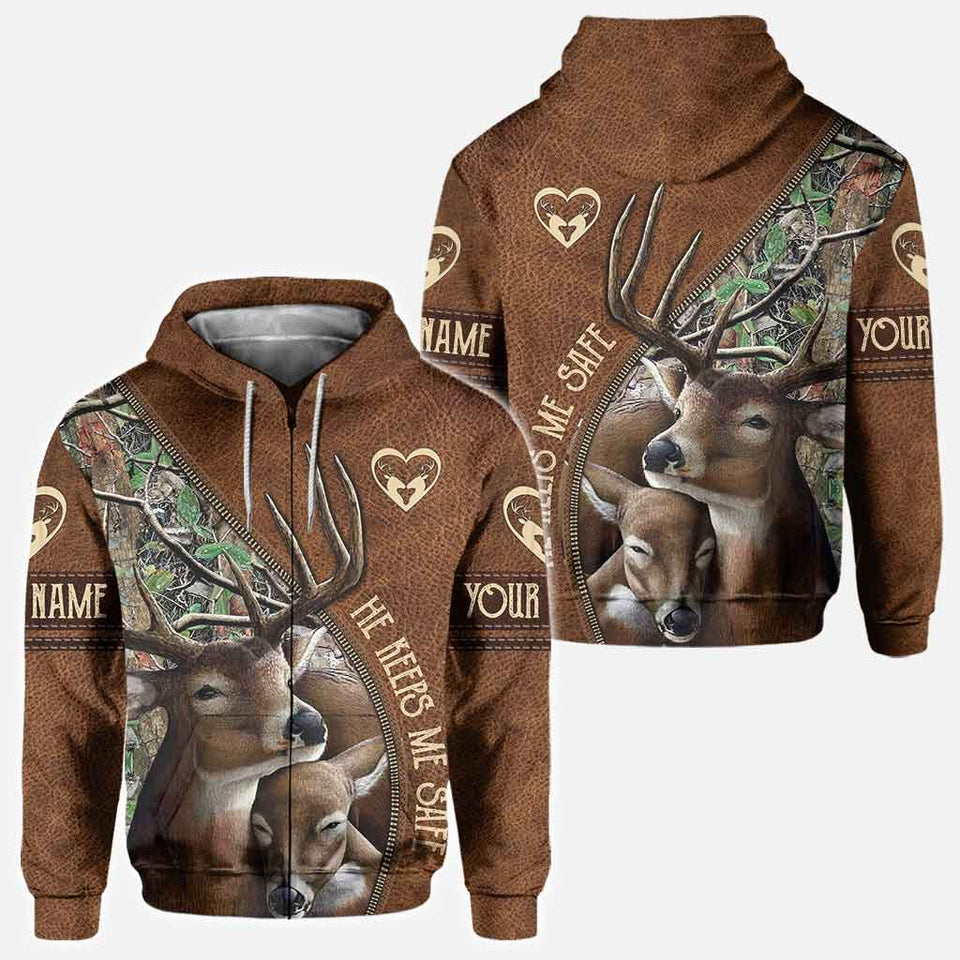 She Keeps Me Wild He Keeps Me Safe - Personalized Couple Hunting All Over T-shirt and Hoodie