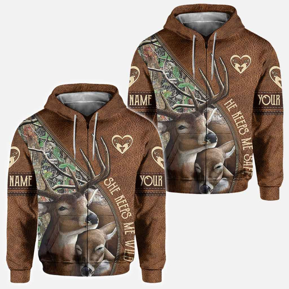 She Keeps Me Wild He Keeps Me Safe - Personalized Couple Hunting All Over T-shirt and Hoodie