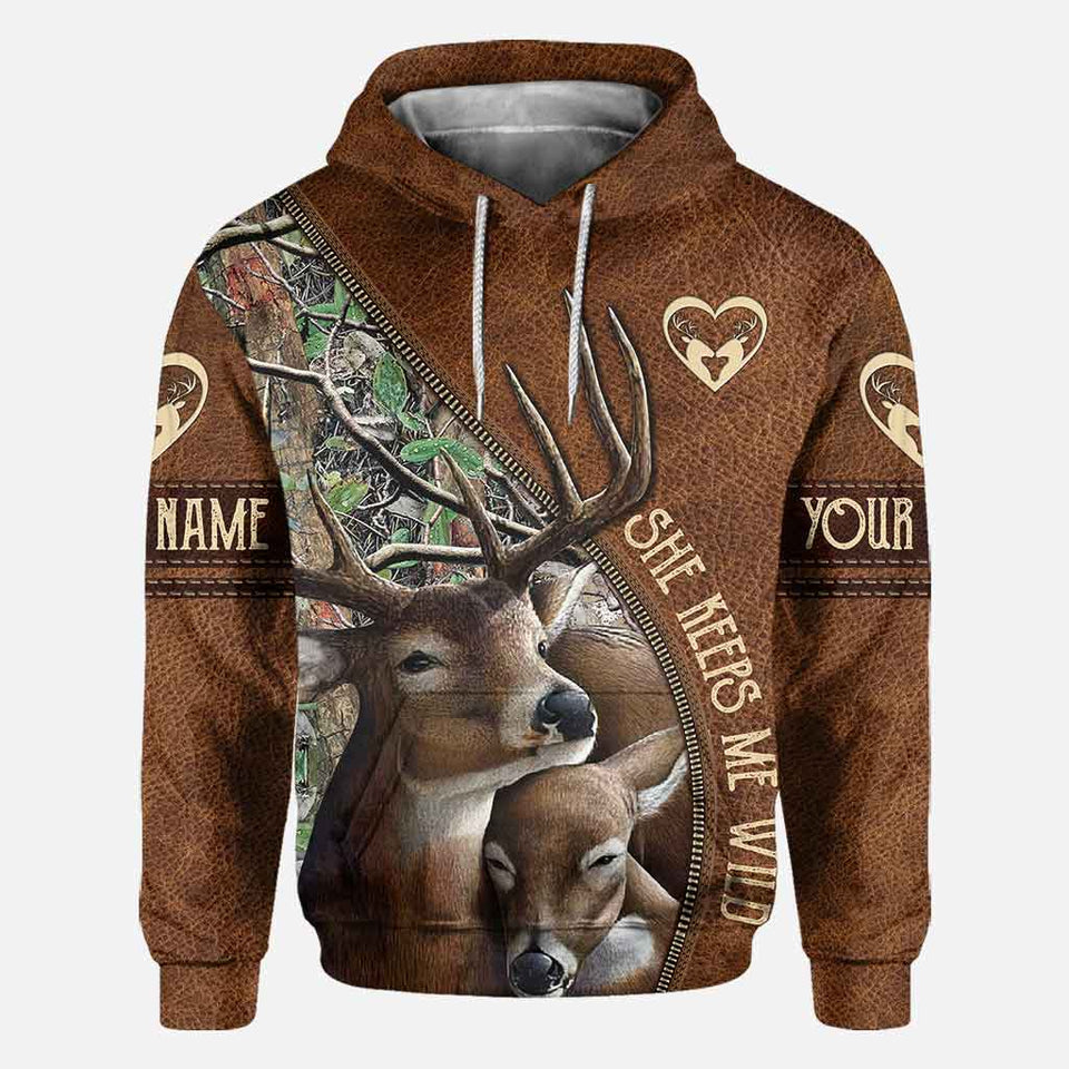 She Keeps Me Wild He Keeps Me Safe - Personalized Couple Hunting All Over T-shirt and Hoodie