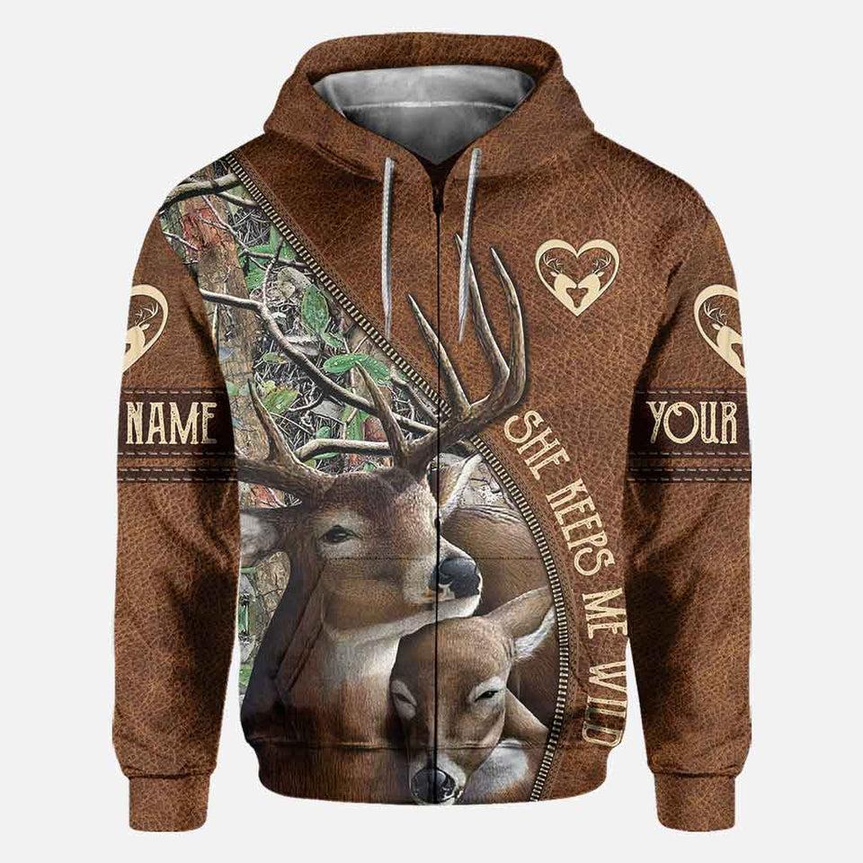 She Keeps Me Wild He Keeps Me Safe - Personalized Couple Hunting All Over T-shirt and Hoodie