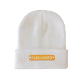 Custom Name Leather Patch Beanie - Personalized Beanie Hat