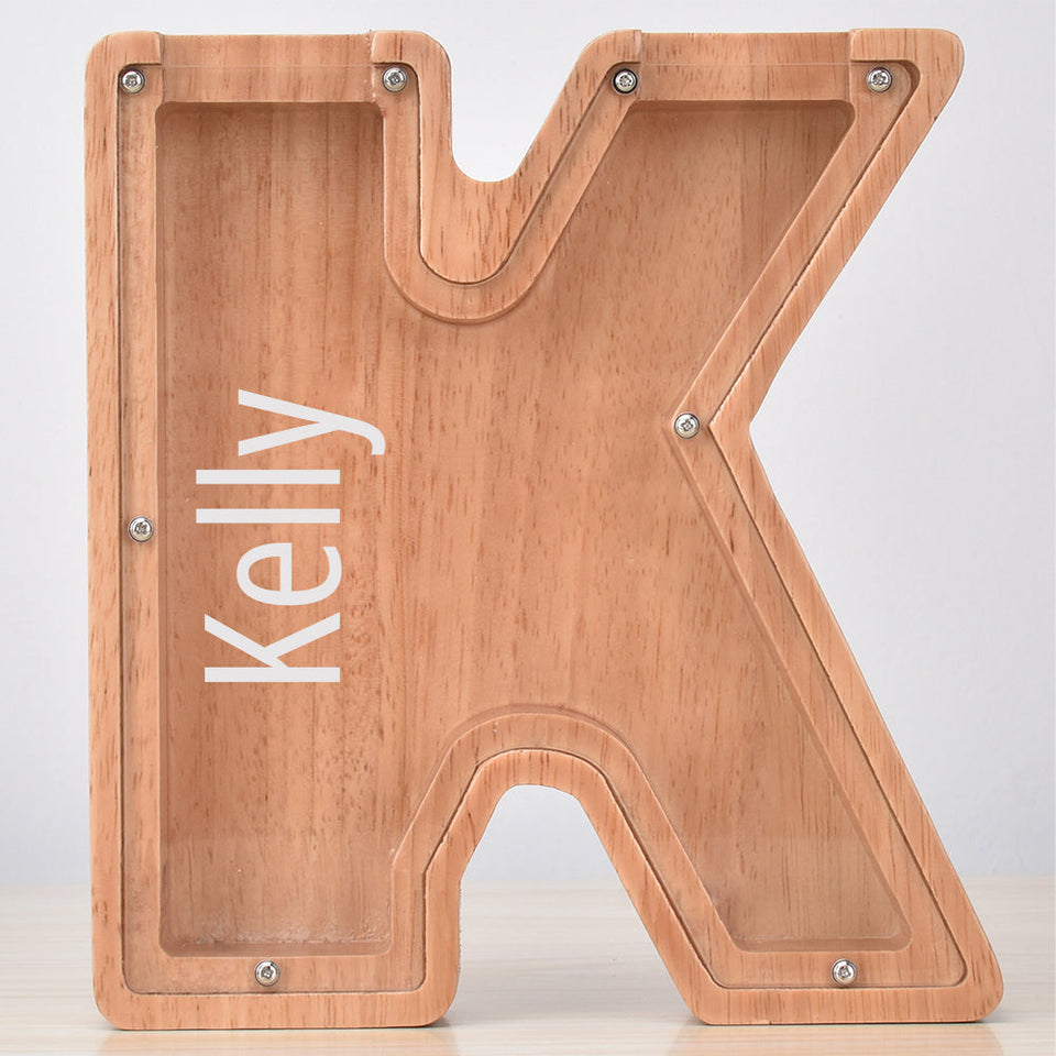 Custom Initial And Name - Personalized Letter And Name Oak Wooden Piggy Bank