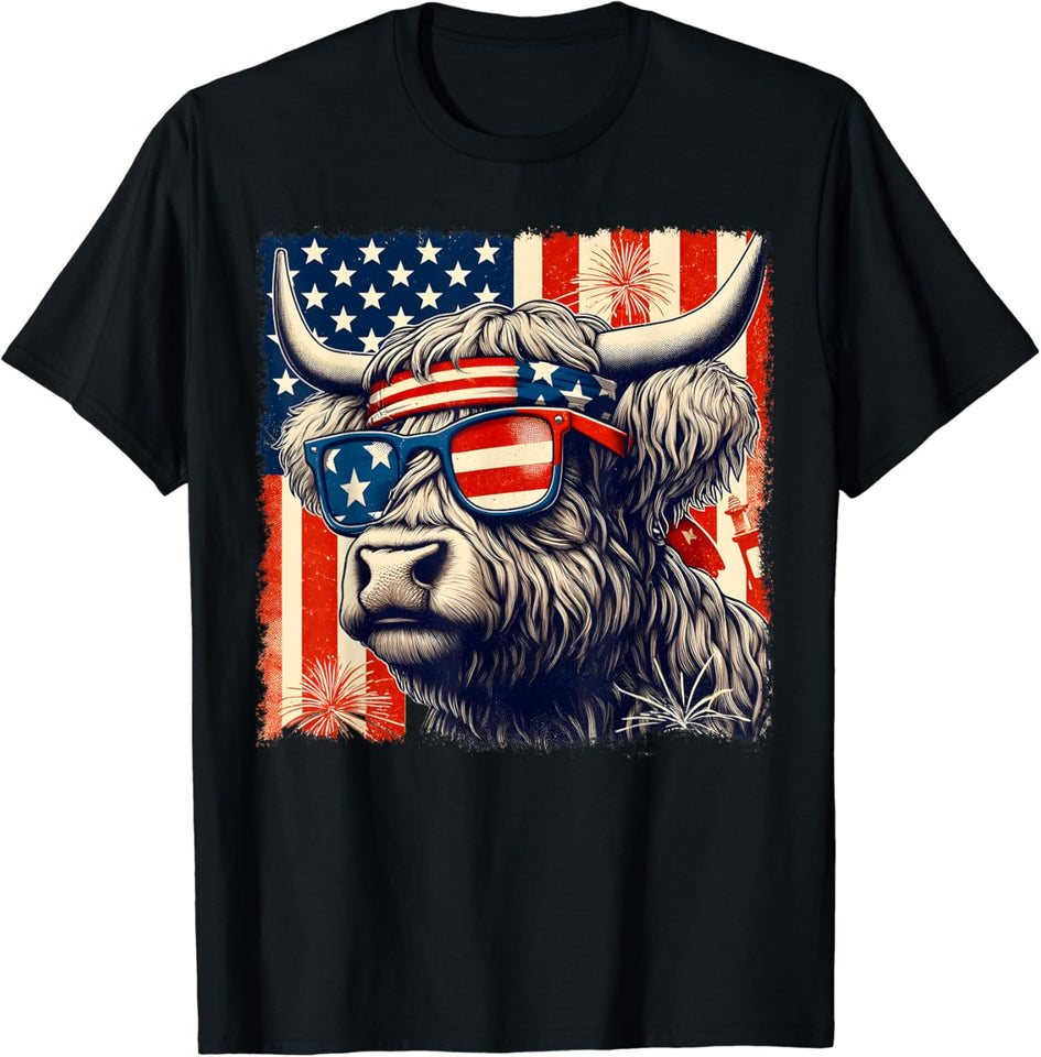 Highland Cow Sunglasses American Flag 4th of July Highland Cow T-shirt & Hoodie 0624