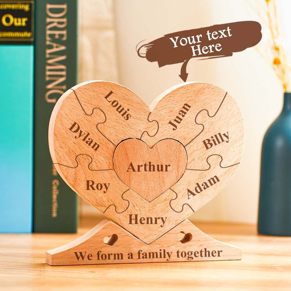 Engraved Wooden Name - Personalized Family Name Heart Puzzle Plaque