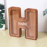 Custom Initial And Name - Personalized Letter And Name Brown Wooden Piggy Bank
