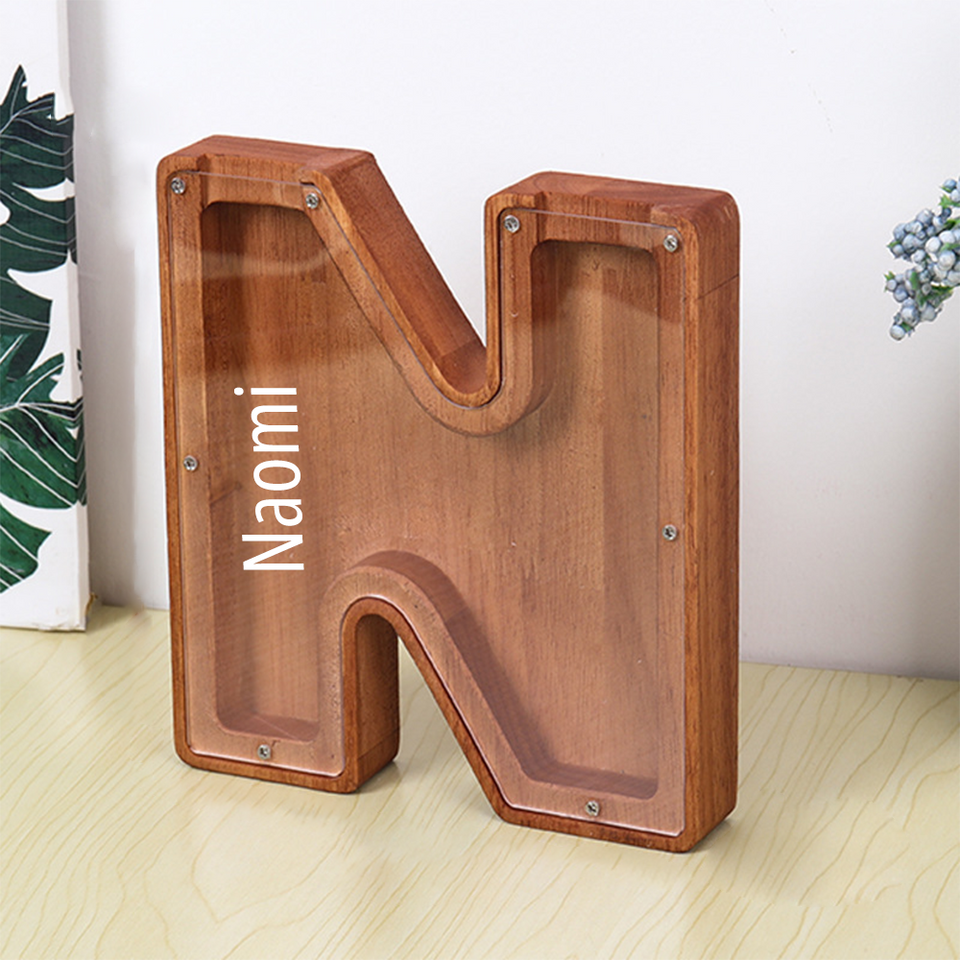 Custom Initial And Name - Personalized Letter And Name Brown Wooden Piggy Bank