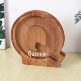 Custom Initial And Name - Personalized Letter And Name Brown Wooden Piggy Bank