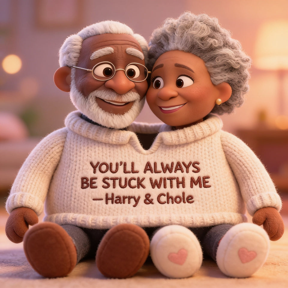 Personalized Older Black Couple Pixar Style Custom Shaped Faux Fur Pillow - Cute Cartoon African American Anniversary Gift Bed Cushion