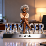 Custom Old Black Female Manager Desk Nameplate Plaque - Personalized Senior Boss Figurine, Blue Sapphire Office Decor